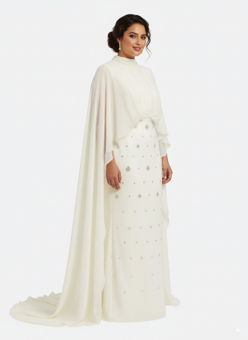 High-neck embellished column dress with layered cape - Mia-1