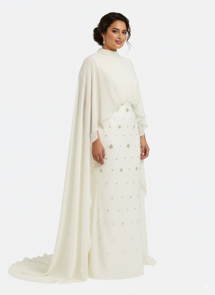 High-neck embellished column dress with layered cape - Mia-1