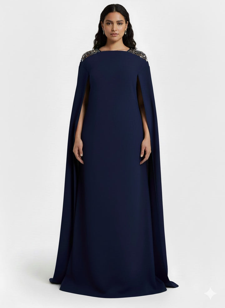 Sleeveless column dress with embellished shoulders and cape - Sophia-1