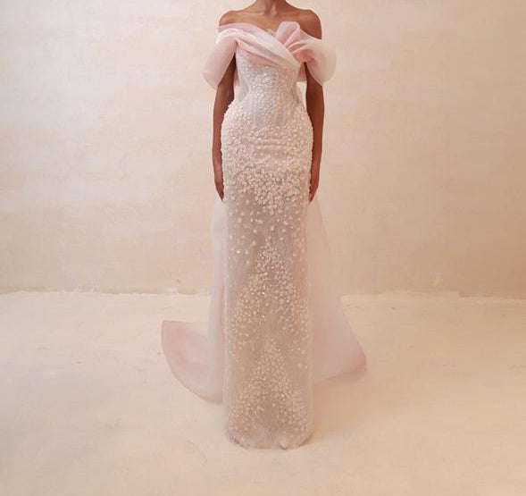 Off-Shoulder Floral Embellished Evening Gown – ROSÉ