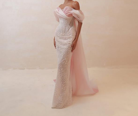 Off-Shoulder Floral Embellished Evening Gown – ROSÉ