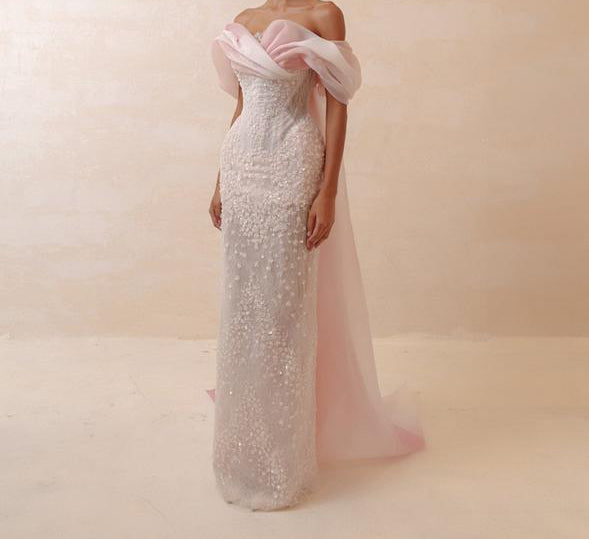 Off-Shoulder Floral Embellished Evening Gown – ROSÉ