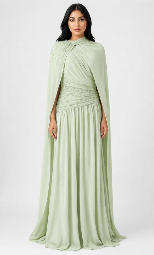 one-shoulder pleated gown with flowing chiffon cape – ODD- MINTARA