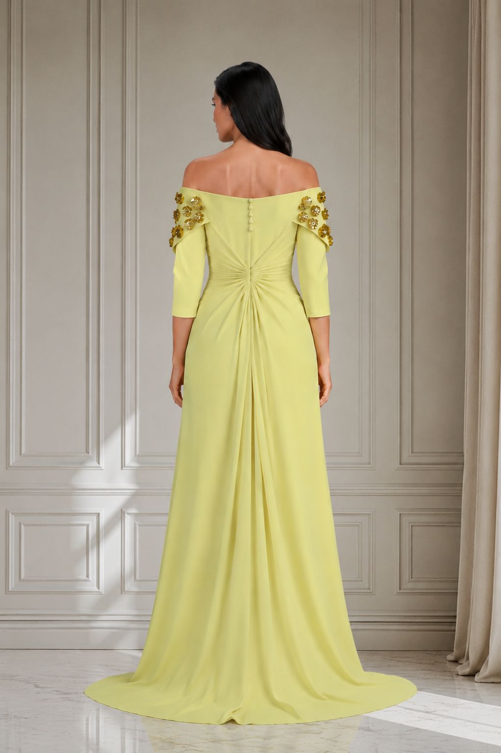 Floral-Embellished Off-Shoulder Gown - Limoncello