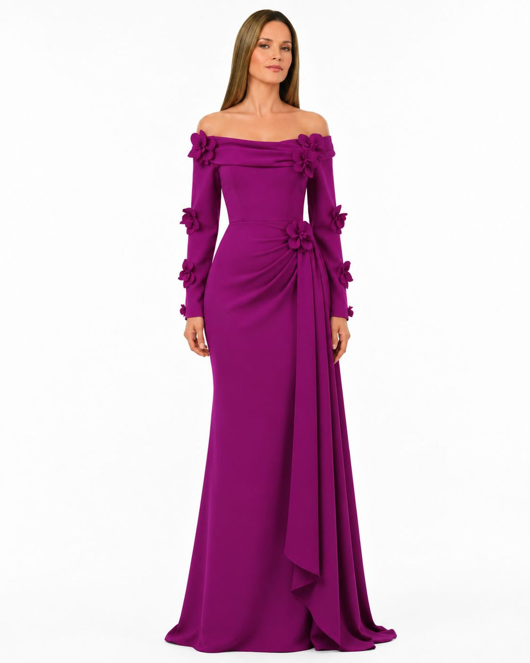 Floral Off-Shoulder Draped Gown - Amethyst