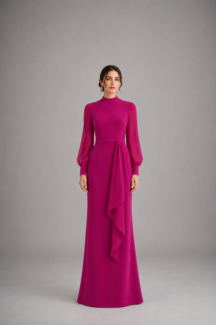 High-Neck Draped Maxi Dress - Fuchsia