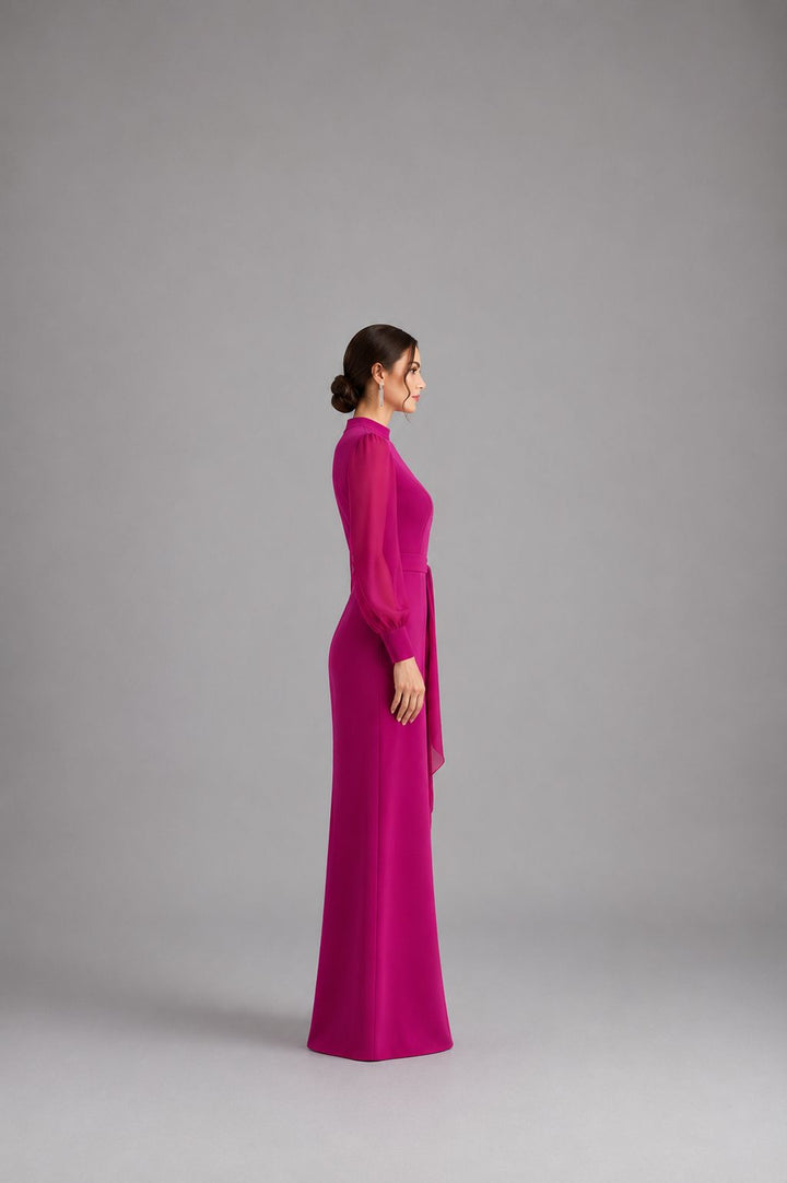 High-Neck Draped Maxi Dress - Fuchsia