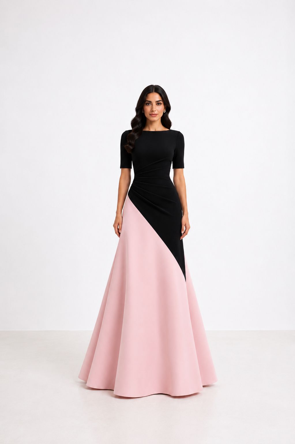 Draped Color-Block Gown – Blush