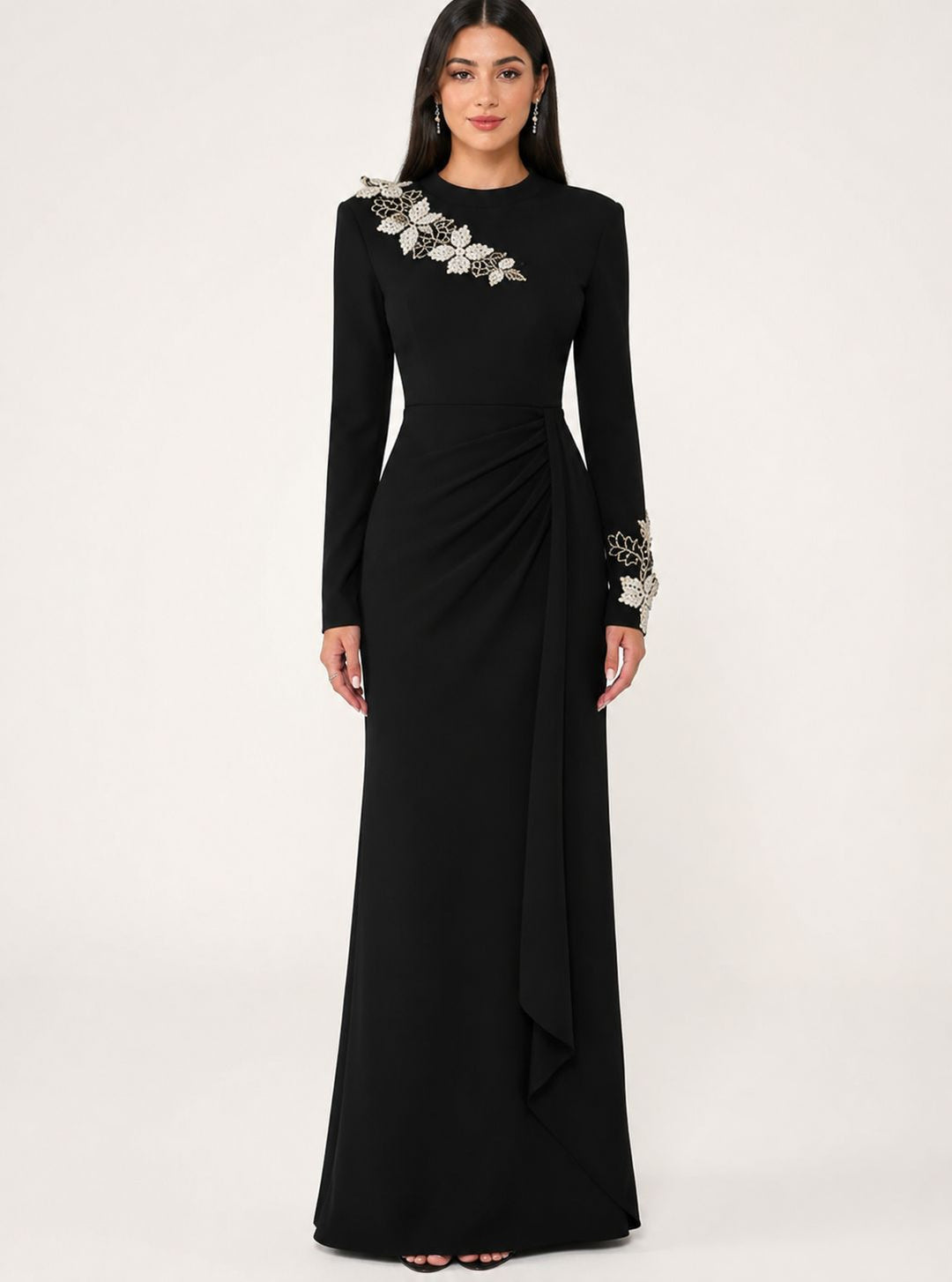 Floral Appliqué Draped Gown – Noir