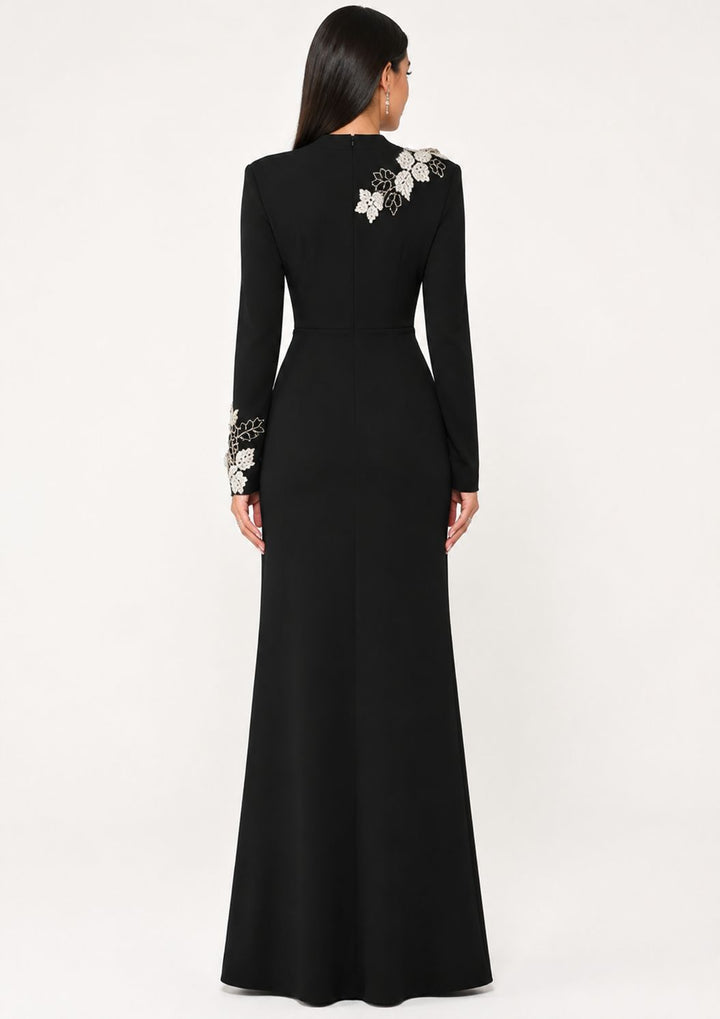 Floral Appliqué Draped Gown – Noir