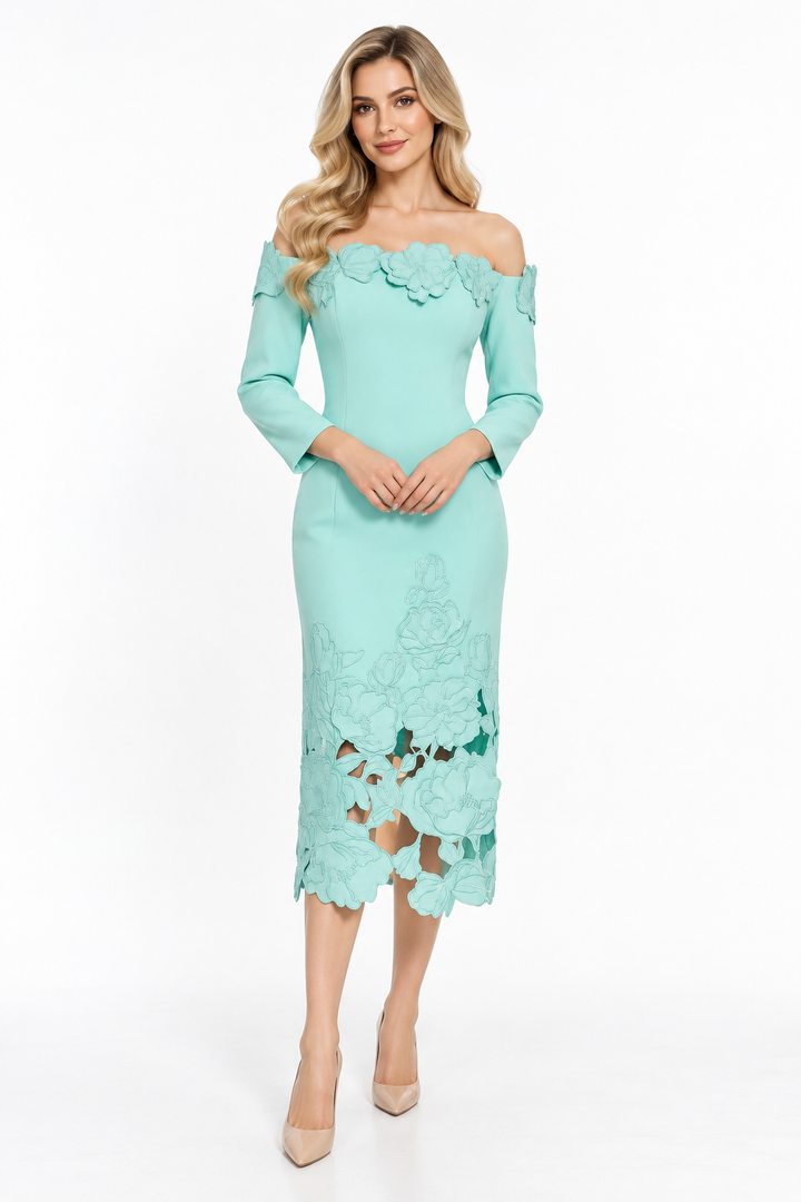 Floral Cutout Off-Shoulder Midi Dress - Aquaflora