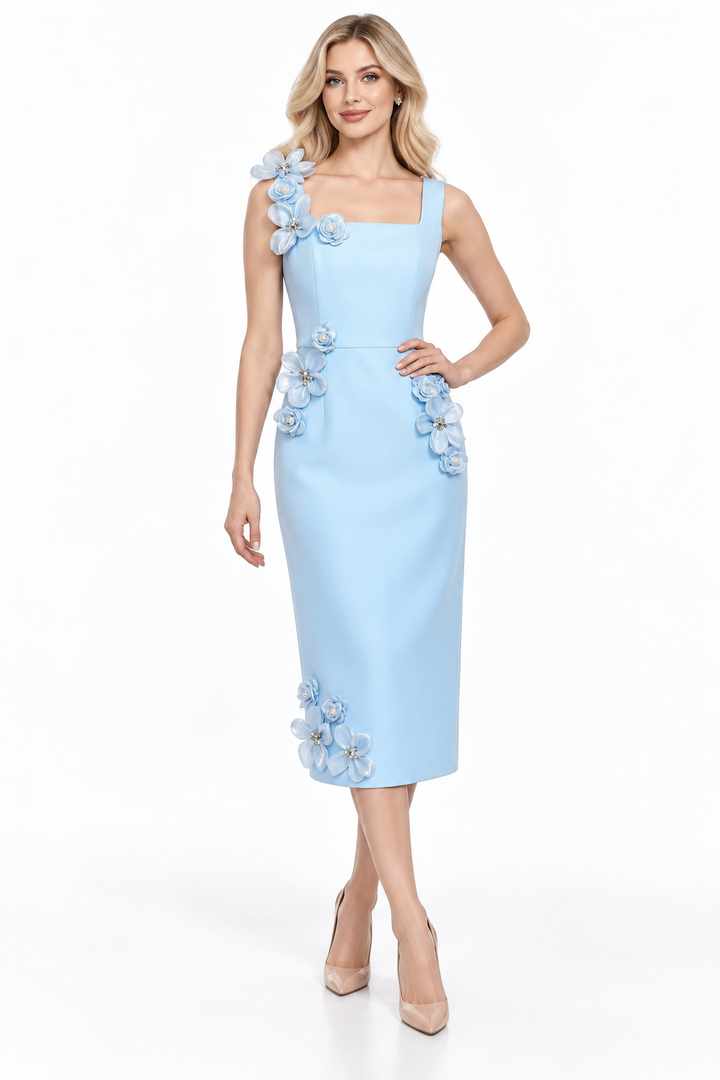 Floral Appliqué Square-Neck Midi Dress - Petalune