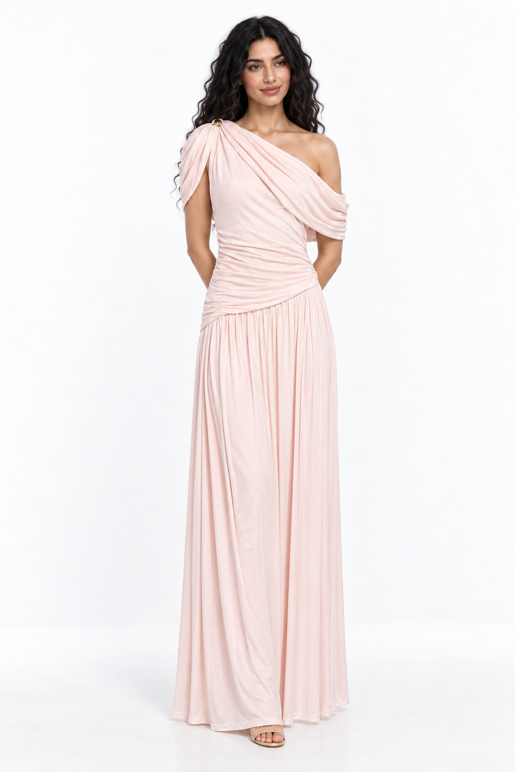 Asymmetric Ruched One-Shoulder Evening Gown - Rosavina