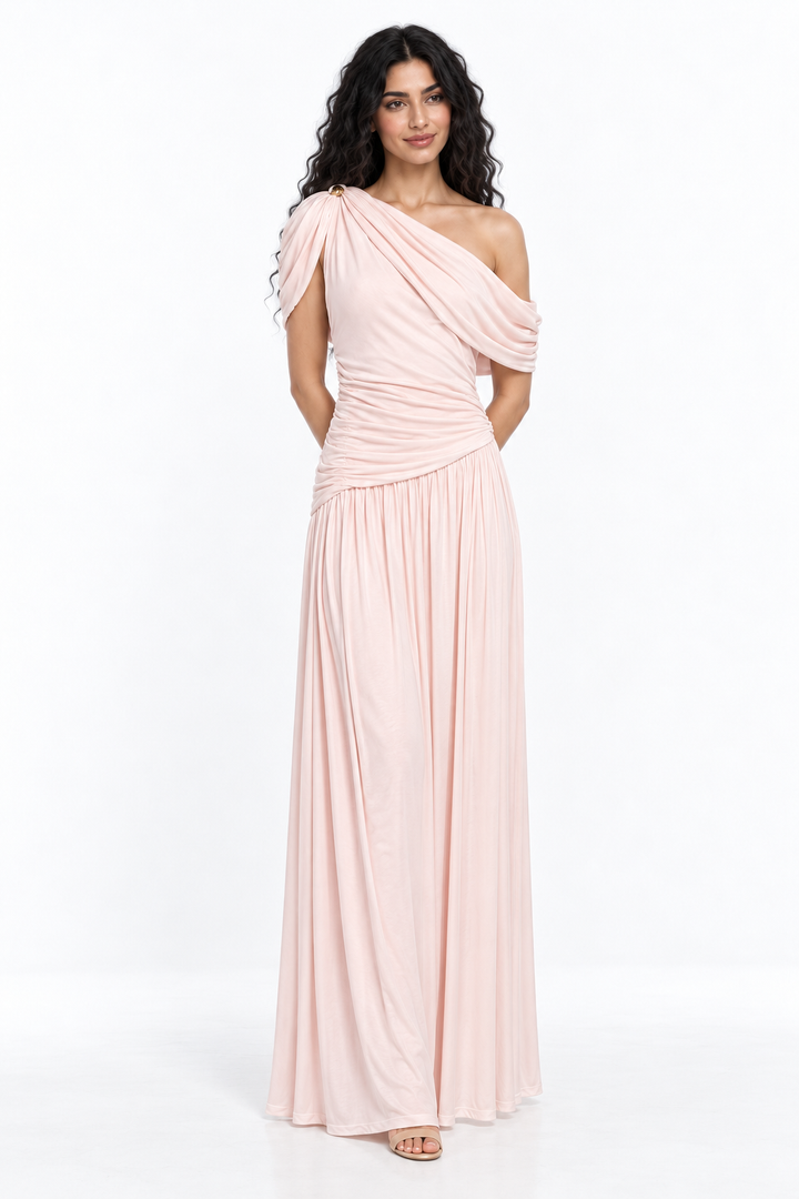 Asymmetric Ruched One-Shoulder Evening Gown - Rosavina
