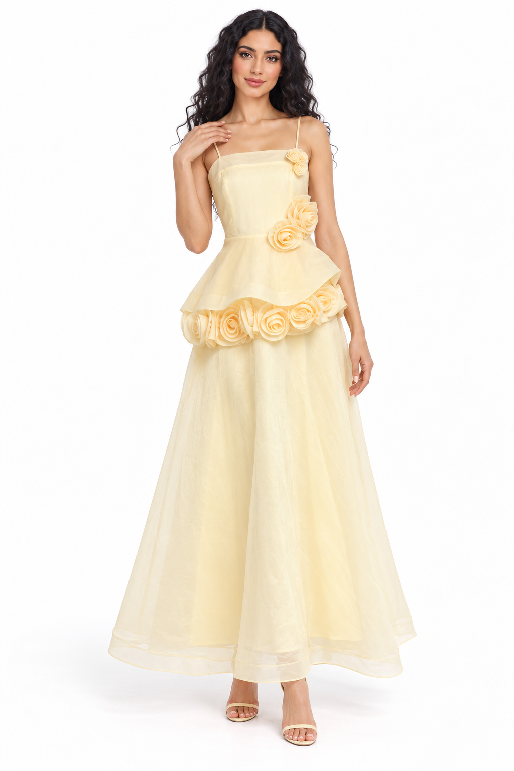 Floral Rosette Peplum Evening Gown - Rosamira