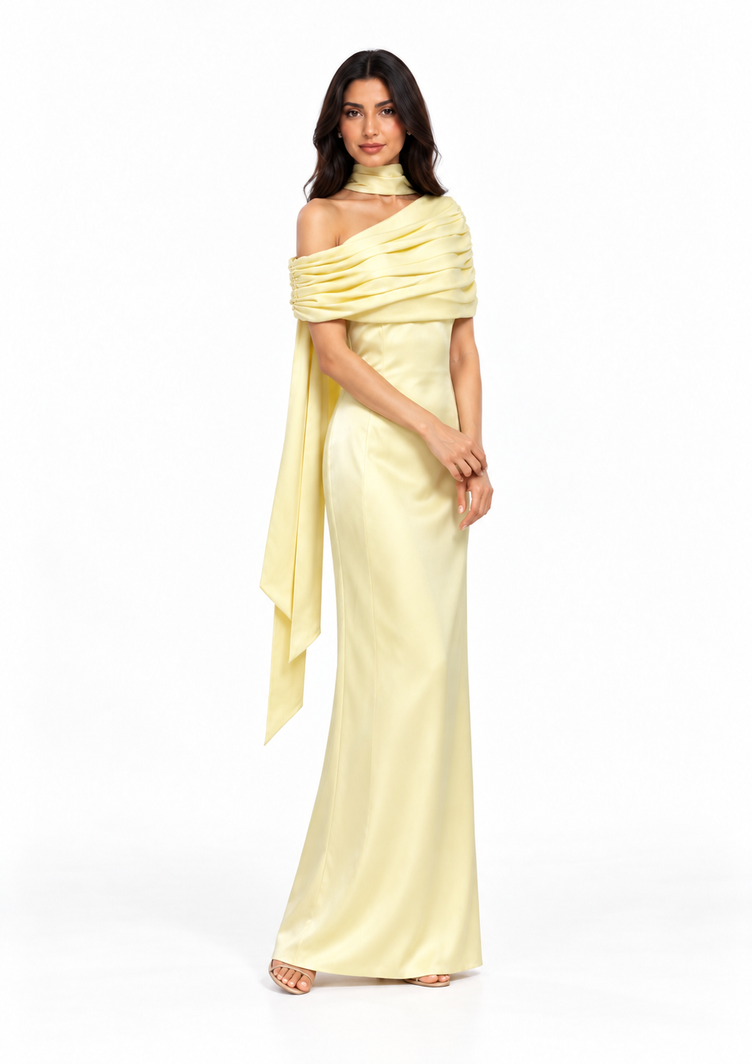Draped Off-Shoulder Satin Evening Gown - Meravelle