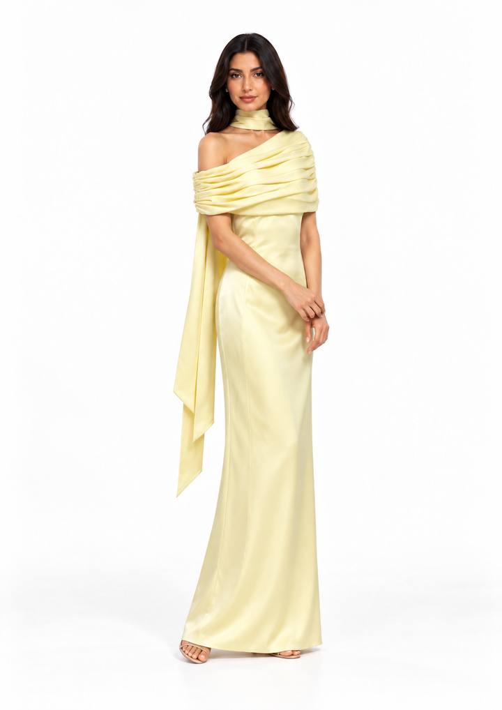 Draped Off-Shoulder Satin Evening Gown - Meravelle