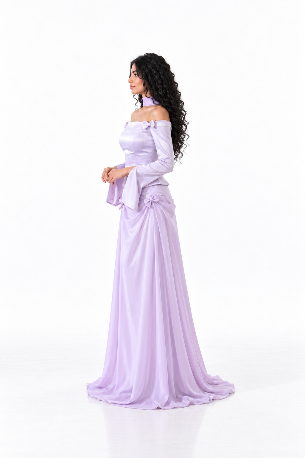 Off-Shoulder Bow Satin Set - Lilacelle
