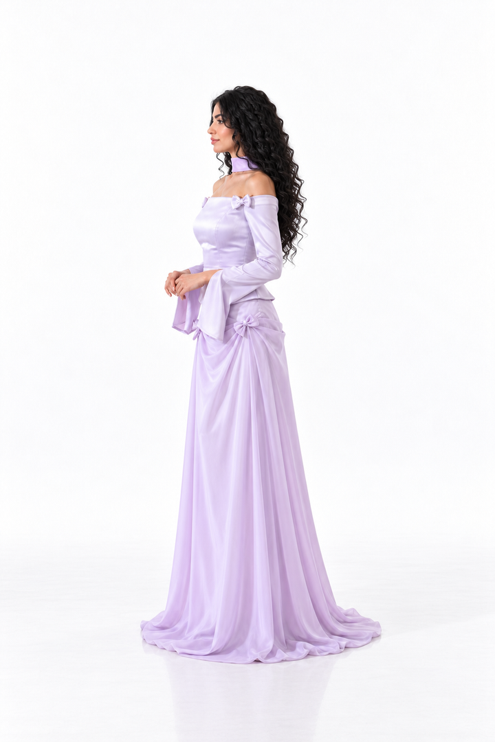 Off-Shoulder Bow Satin Set - Lilacelle