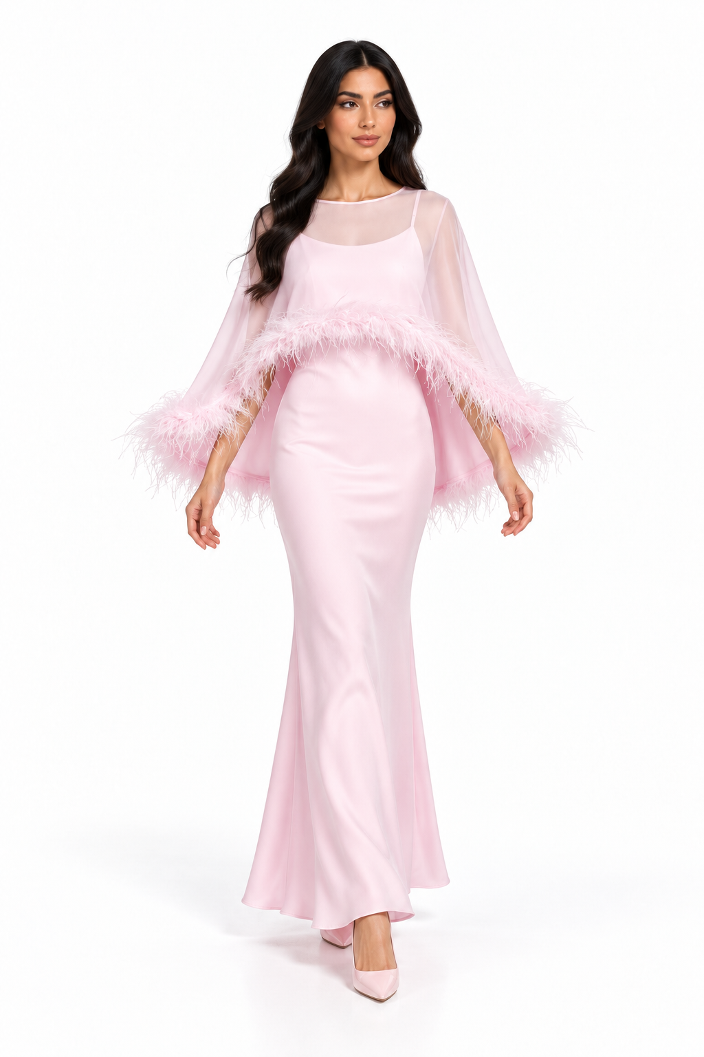 Feather Trim Sheer Overlay Evening Gown - Noirissa