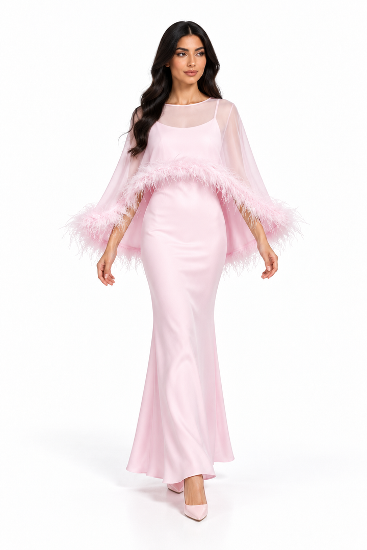 Feather Trim Sheer Overlay Evening Gown - Noirissa