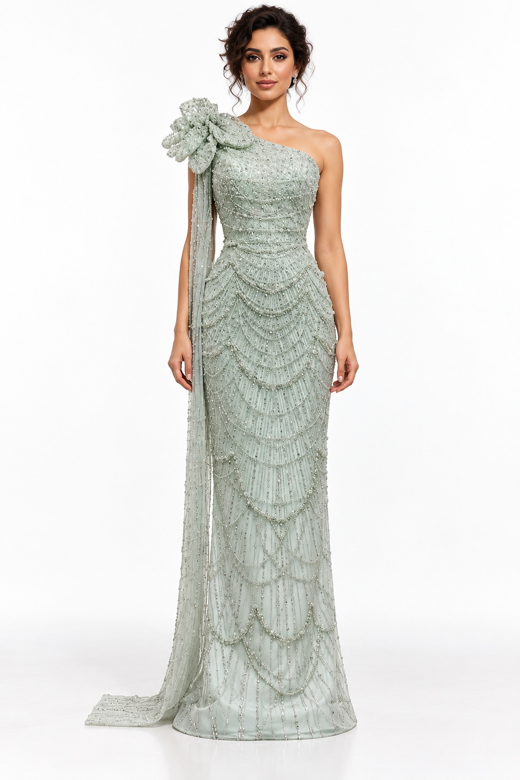 One-Shoulder Beaded Fringe Evening Gown - Cascadia
