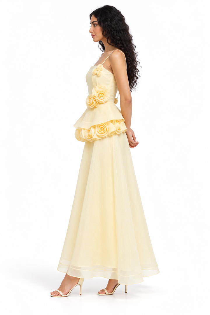 Floral Rosette Peplum Evening Gown - Rosamira