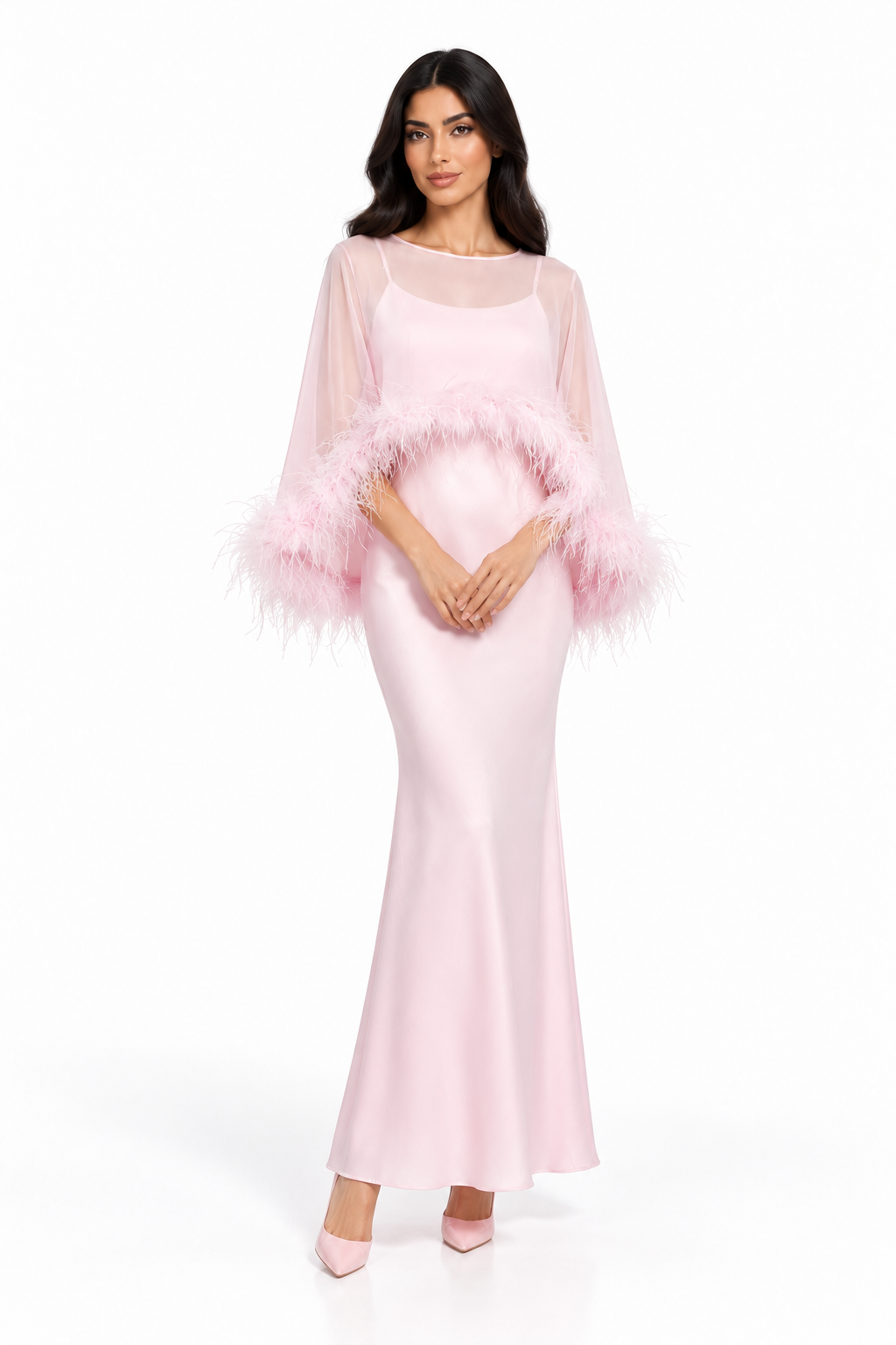 Feather Trim Sheer Overlay Evening Gown - Noirissa