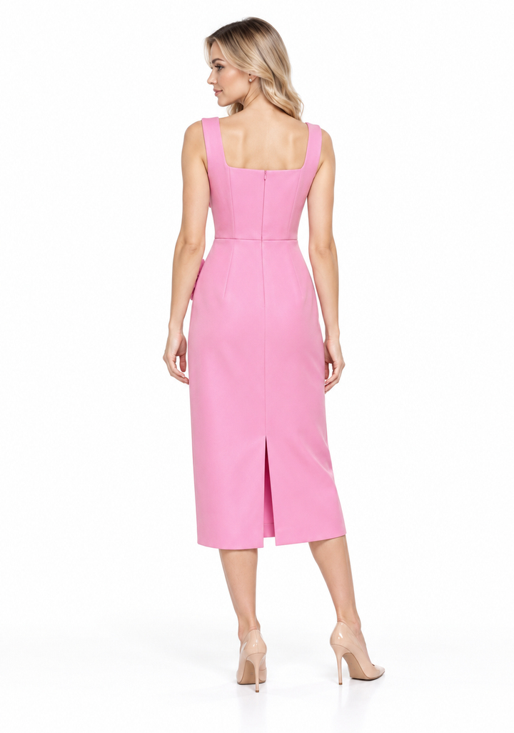 Floral Appliqué Square-Neck Midi Dress - Petalune