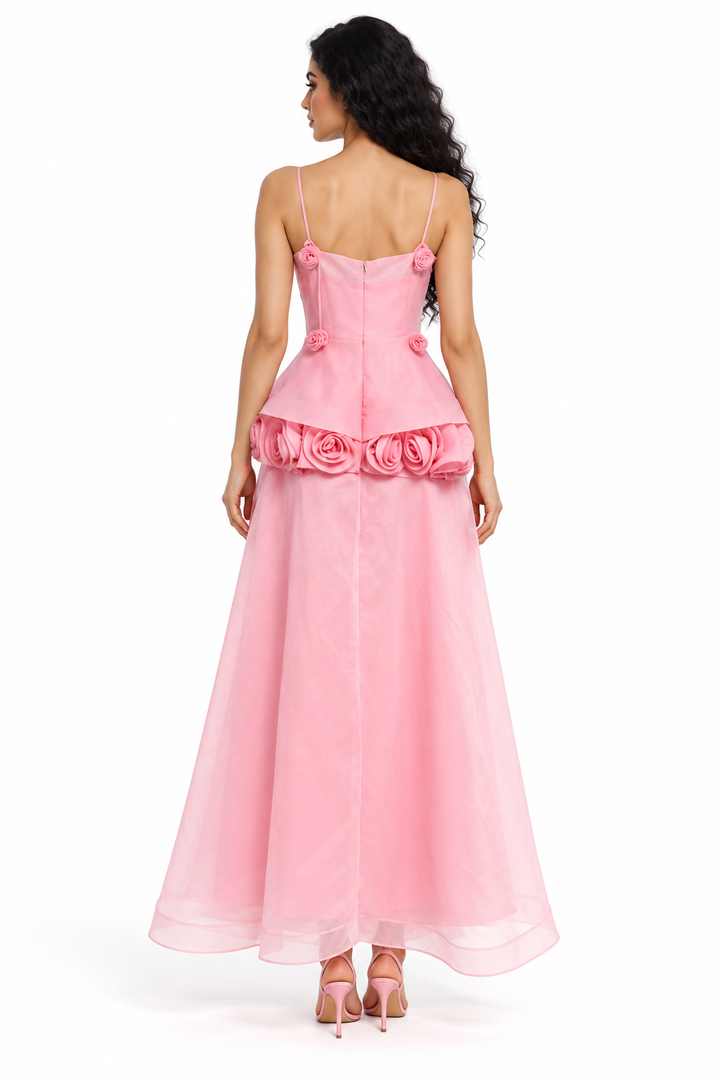 Floral Rosette Peplum Evening Gown - Rosamira