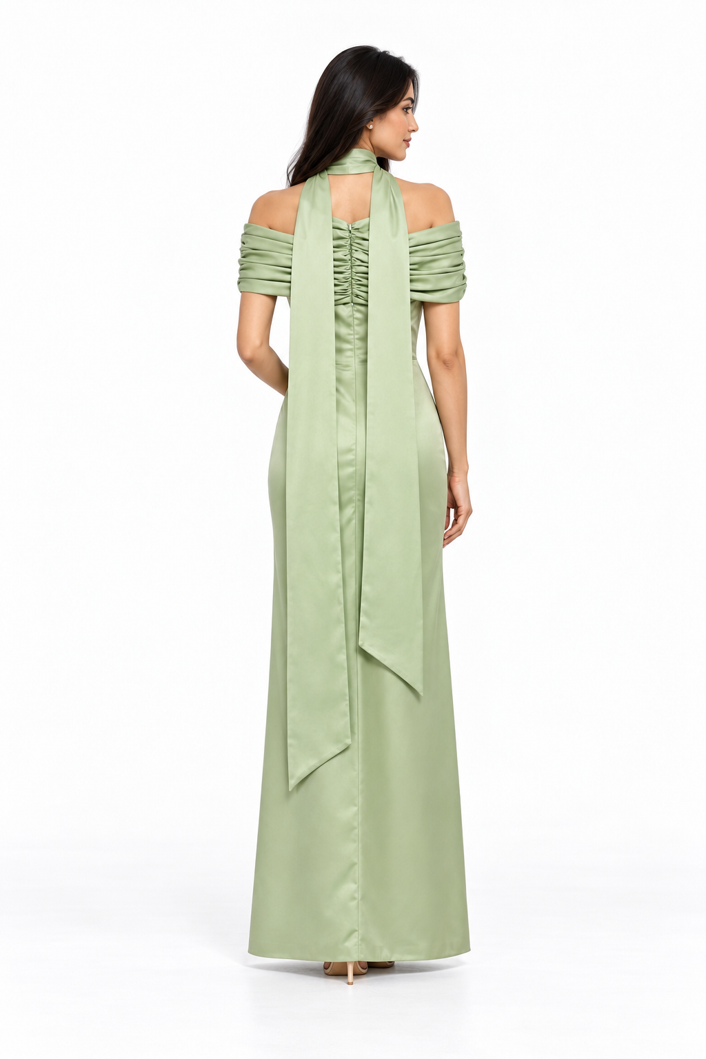 Draped Off-Shoulder Satin Evening Gown - Meravelle