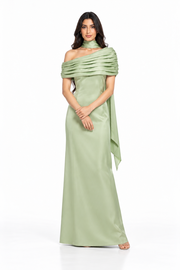 Draped Off-Shoulder Satin Evening Gown - Meravelle
