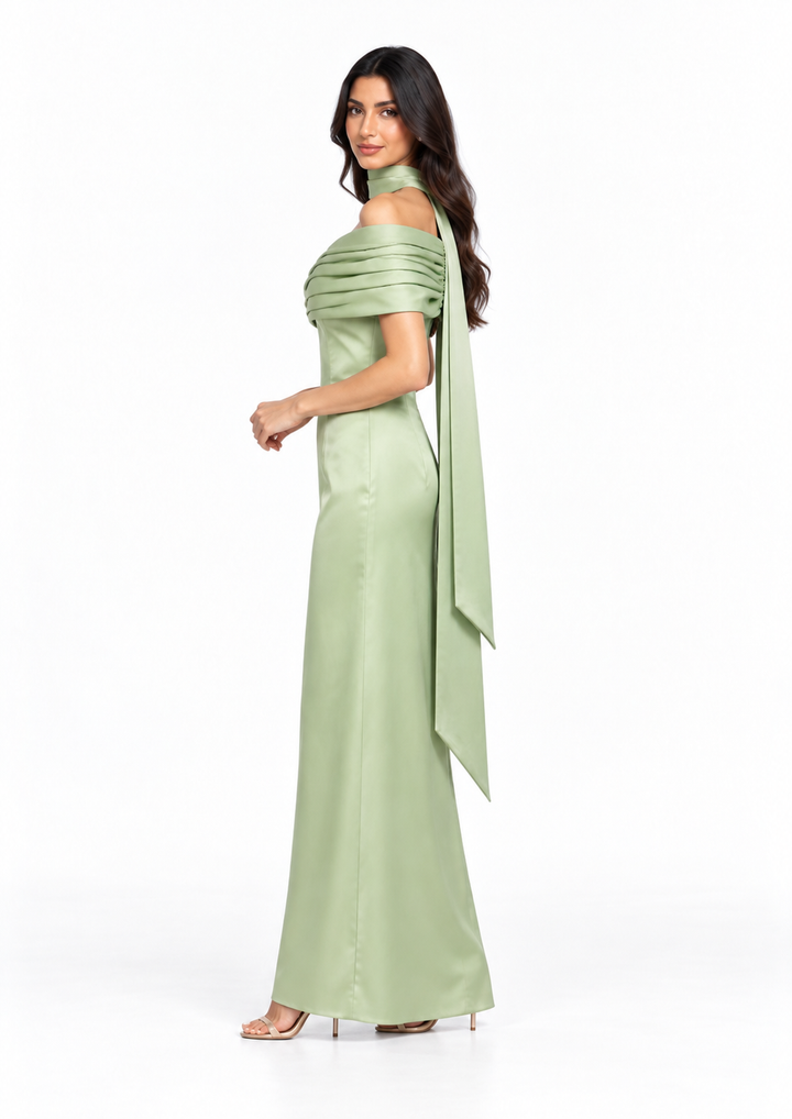 Draped Off-Shoulder Satin Evening Gown - Meravelle