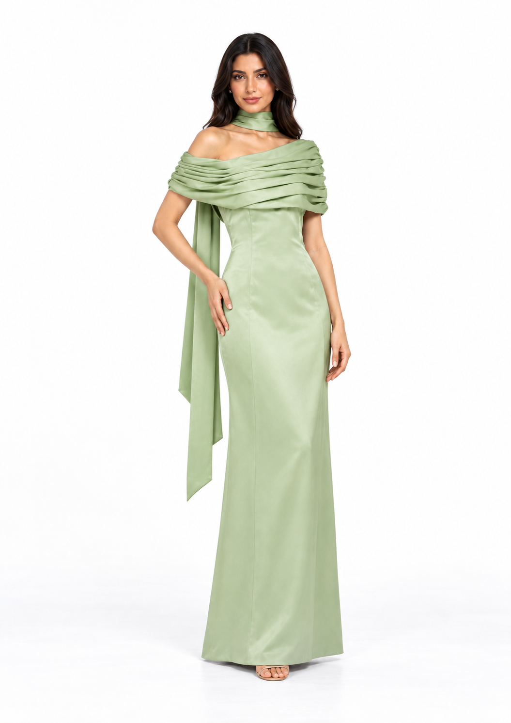 Draped Off-Shoulder Satin Evening Gown - Meravelle