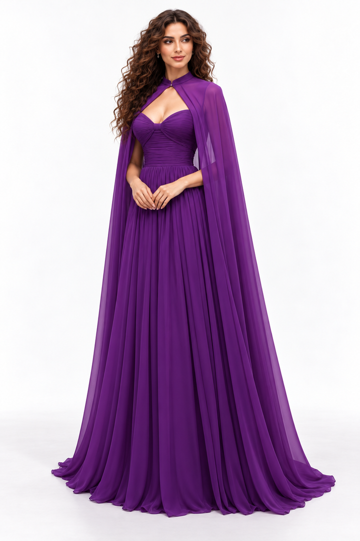Keyhole Ruched Cape Evening Gown - Amethyst