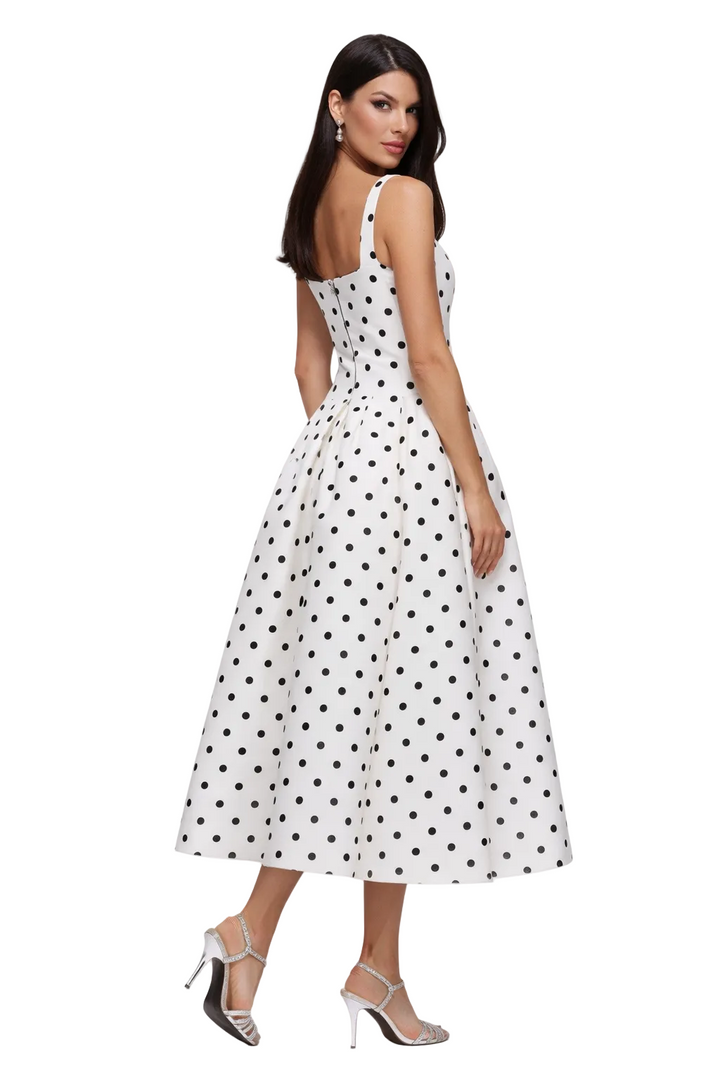 Sleeveless Polka Dot Midi Dress with Flared Skirt – ELLA
