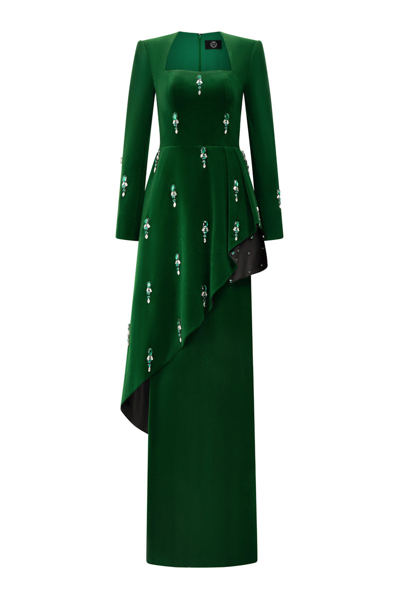 فستان مخملي عمودي بفتحة رقبة على شكل الملكة آن – الزمرد