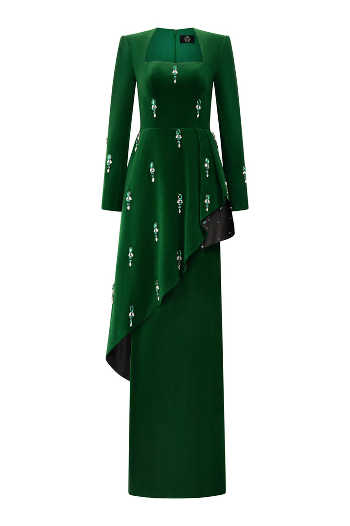 فستان مخملي عمودي بفتحة رقبة على شكل الملكة آن – الزمرد