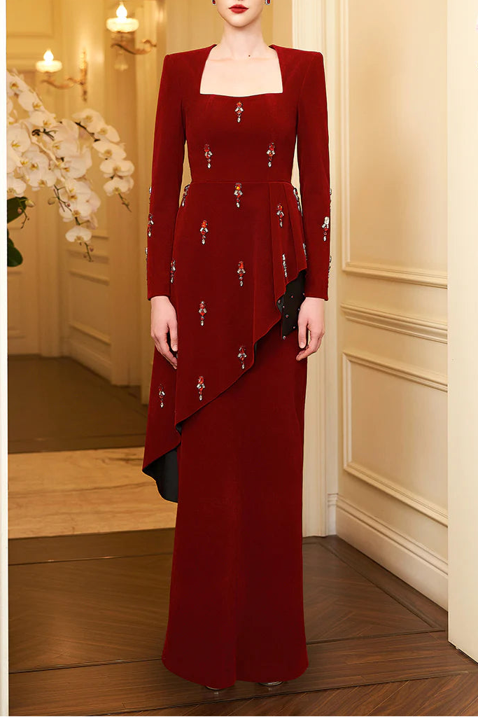 velvet column gown with square neckline & draped waist – CRIMSONE