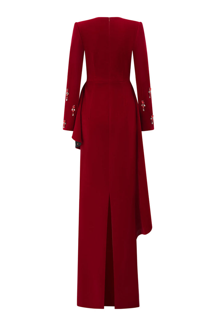 velvet column gown with square neckline & draped waist – CRIMSONE