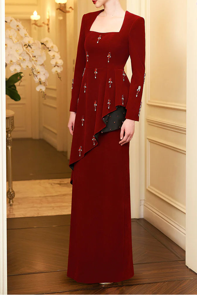 velvet column gown with square neckline & draped waist – CRIMSONE