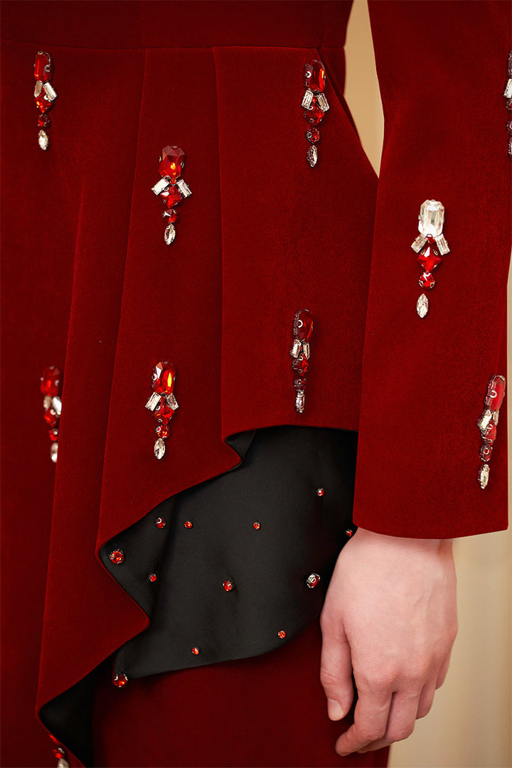 velvet column gown with square neckline & draped waist – CRIMSONE