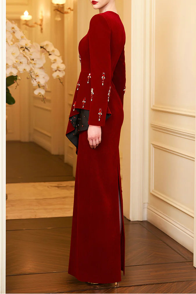 velvet column gown with square neckline & draped waist – CRIMSONE