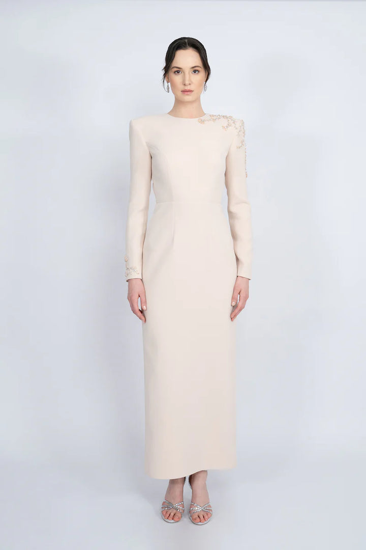 long-sleeve column gown with embellished shoulder – OPALE