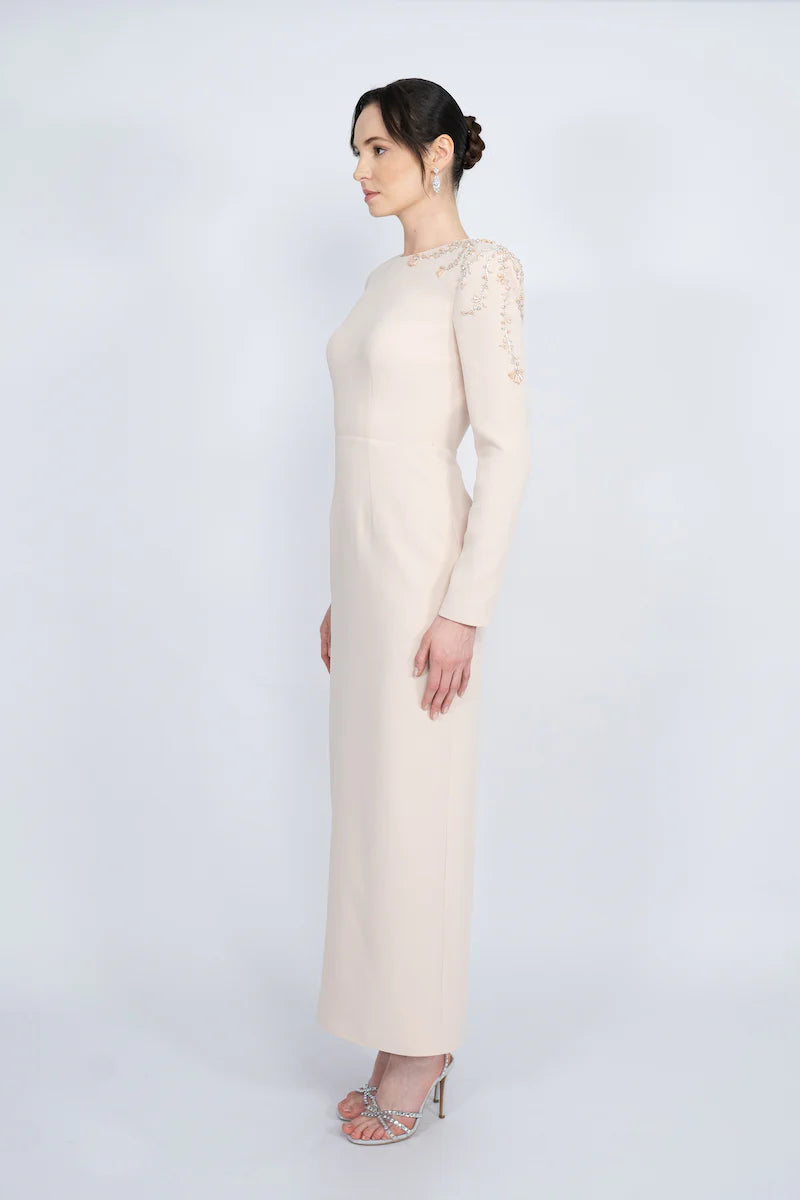 long-sleeve column gown with embellished shoulder – OPALE
