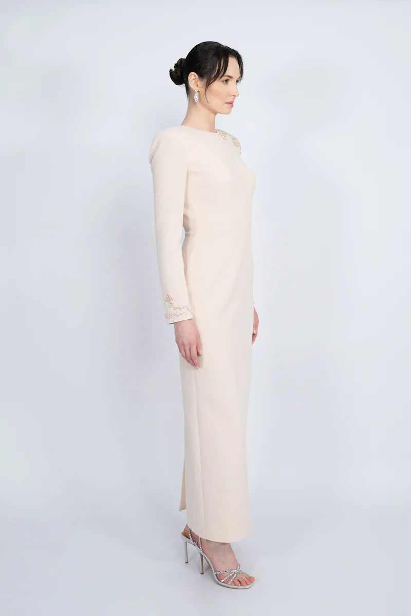 long-sleeve column gown with embellished shoulder – OPALE