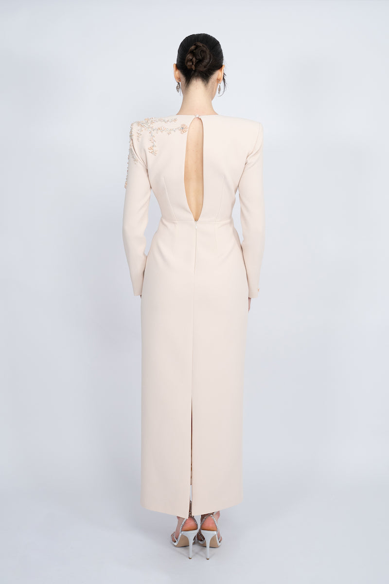 long-sleeve column gown with embellished shoulder – OPALE