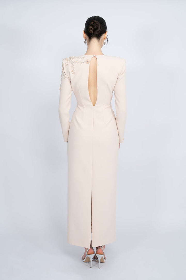 long-sleeve column gown with embellished shoulder – OPALE