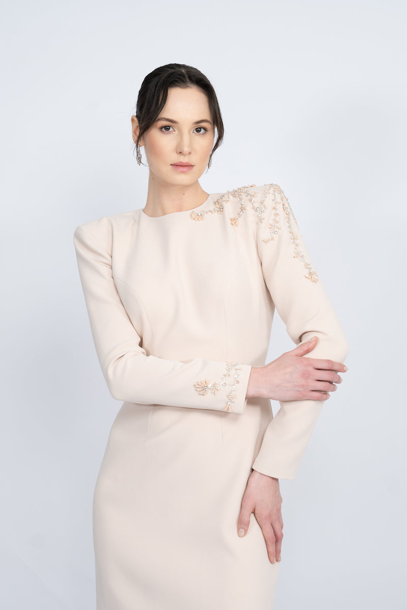 long-sleeve column gown with embellished shoulder – OPALE