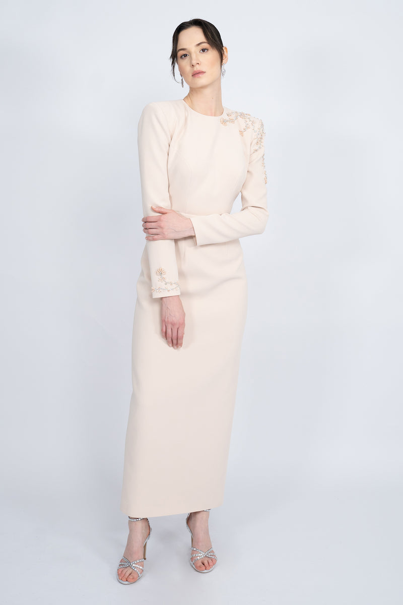 long-sleeve column gown with embellished shoulder – OPALE
